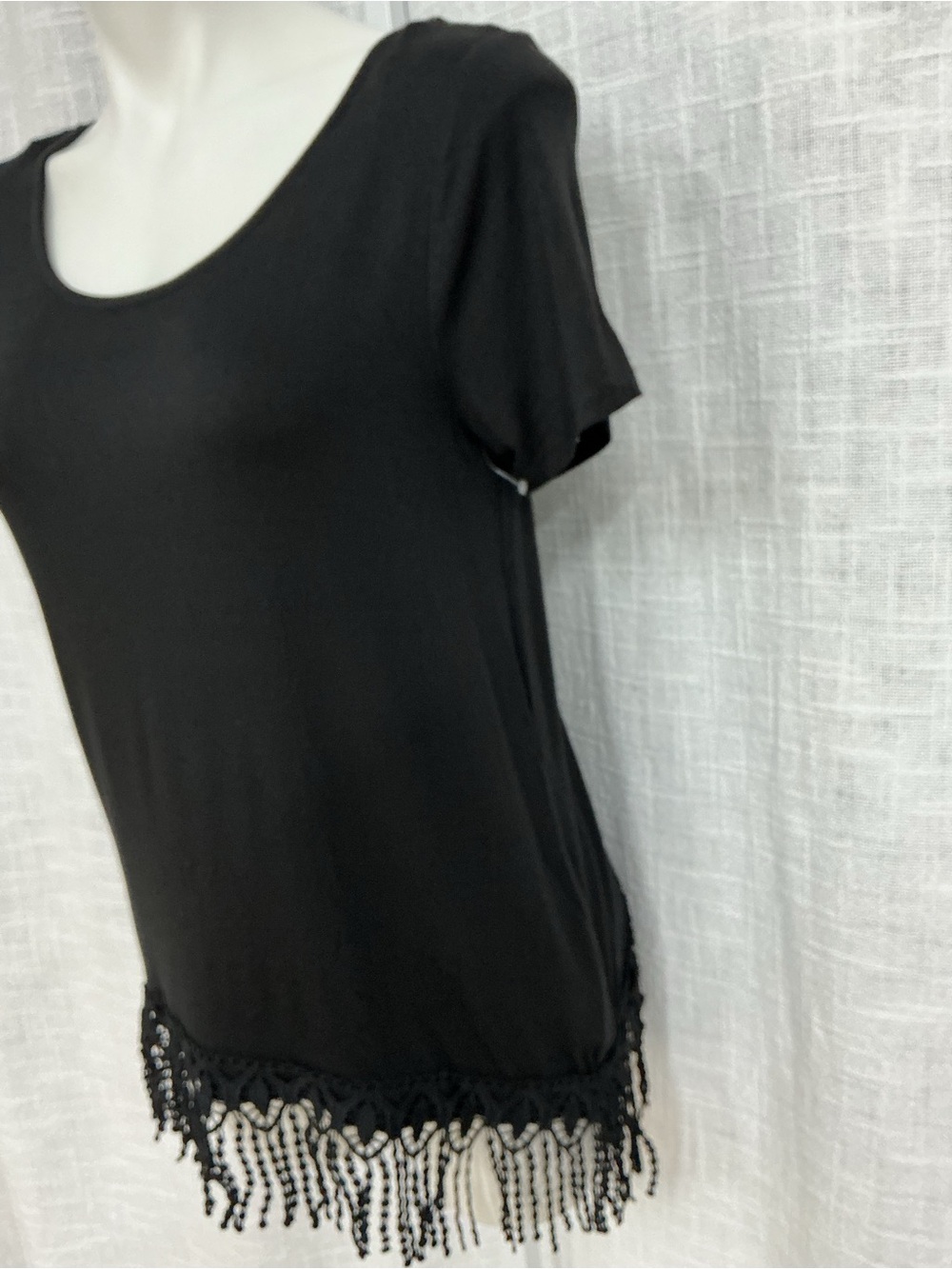 Black Fringe Hem Short Sleeve Women's Top - Picture 5 of 8